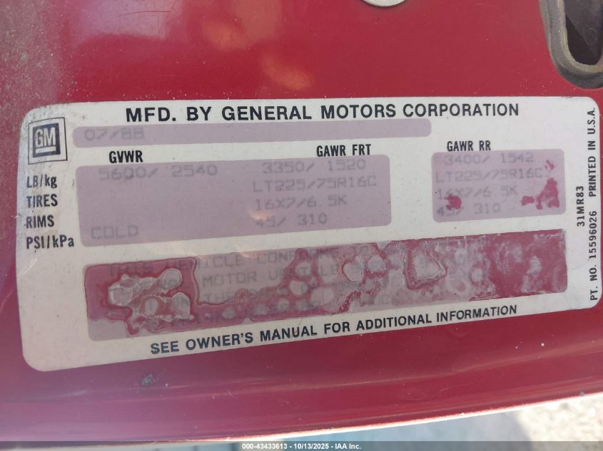 1988 GMC Gmt-400 K1500 VIN: 1GTDK14K8JZ559189 Lot: 43433613