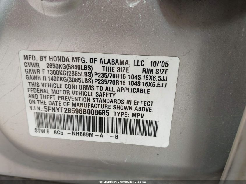 2006 Honda Pilot Ex-L VIN: 5FNYF28596B008685 Lot: 43433622