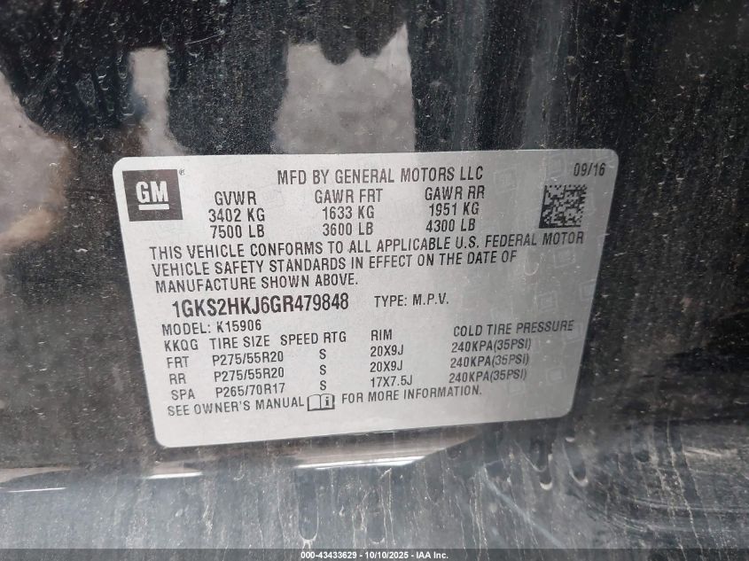 2016 GMC Yukon Xl Denali VIN: 1GKS2HKJ6GR479848 Lot: 43433629