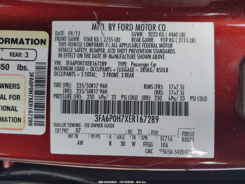 2014 Ford Fusion Se VIN: 3FA6P0H7XER167289 Lot: 43433633