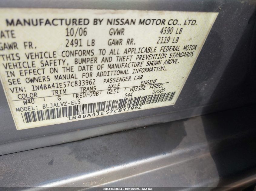 2007 Nissan Maxima 3.5 Se VIN: 1N4BA41E57C833962 Lot: 43433634