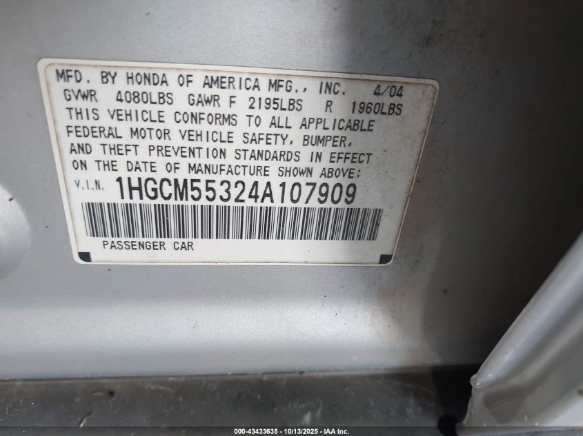 2004 Honda Accord 2.4 Lx VIN: 1HGCM55324A107909 Lot: 43433635