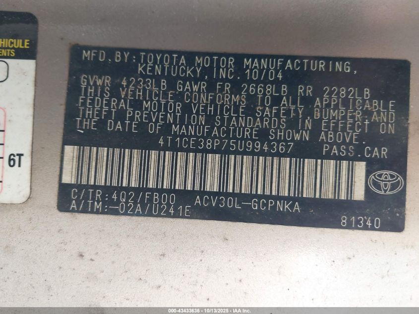 2005 Toyota Camry Solara Se VIN: 4T1CE38P75U994367 Lot: 43433636