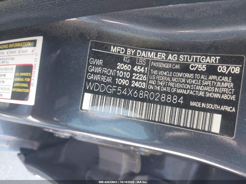 2008 Mercedes-Benz C 300 Luxury/Sport VIN: WDDGF54X68R028884 Lot: 43433641