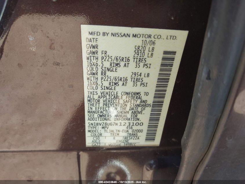 2007 Nissan Quest 3.5 Sl VIN: 5N1BV28U67N123100 Lot: 43433646