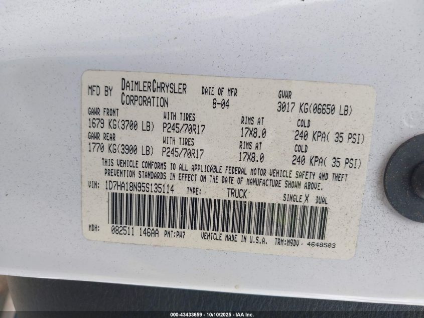 2005 Dodge Ram 1500 Slt/Laramie VIN: 1D7HA18N95S135114 Lot: 43433659