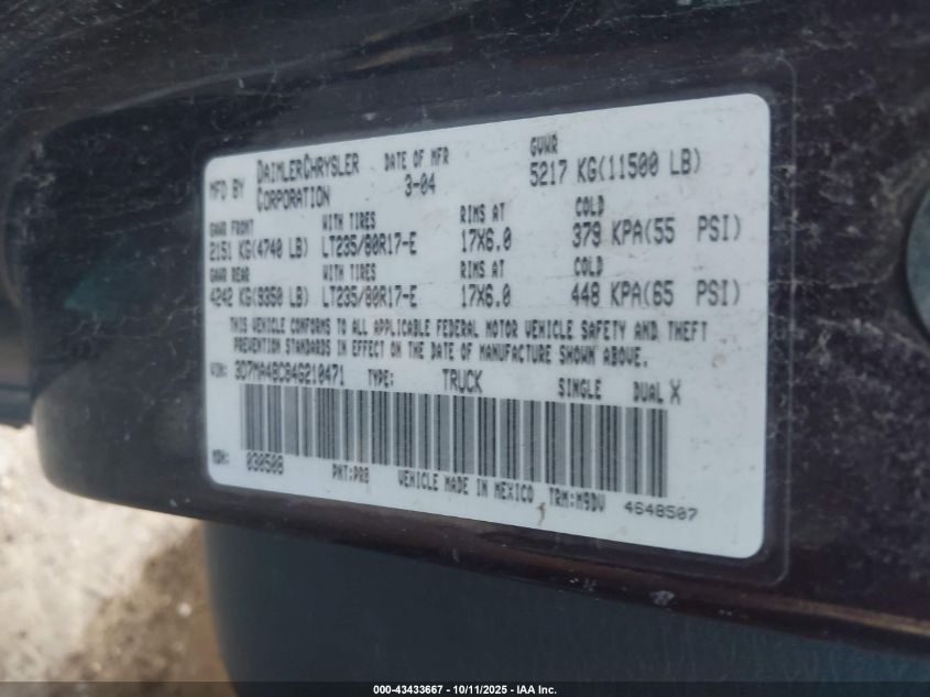 2004 Dodge Ram 3500 Slt/Laramie VIN: 3D7MA48C84G210471 Lot: 43433667