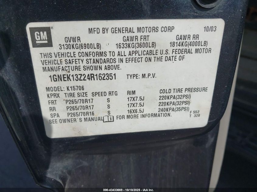 2004 Chevrolet Tahoe Lt VIN: 1GNEK13Z24R162351 Lot: 43433669