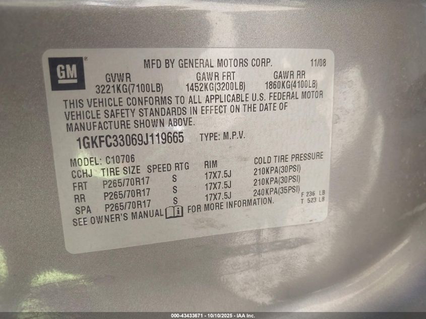2009 GMC Yukon Slt2 VIN: 1GKFC33069J119665 Lot: 43433671