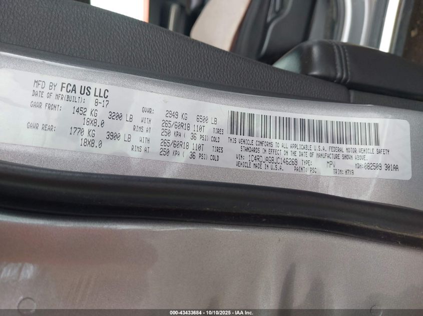 2018 Dodge Durango Sxt Awd VIN: 1C4RDJAG8JC146269 Lot: 43433684