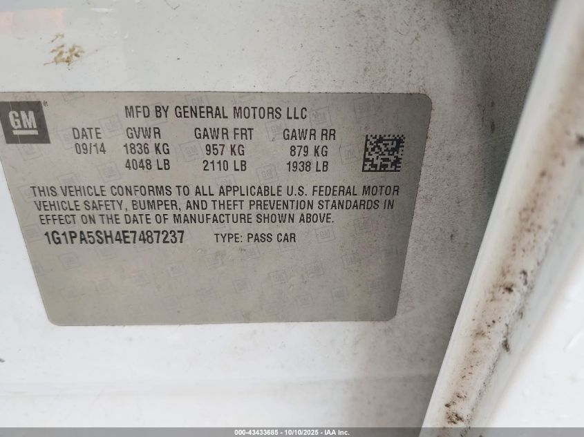 2014 Chevrolet Cruze Ls Auto VIN: 1G1PA5SH4E7487237 Lot: 43433685
