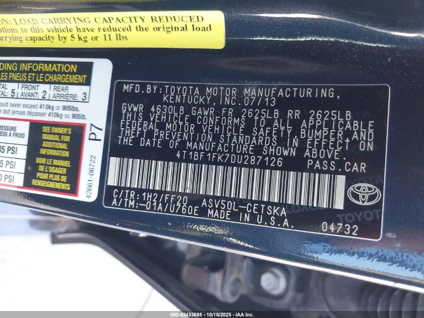 2013 Toyota Camry Se VIN: 4T1BF1FK7DU287126 Lot: 43433686
