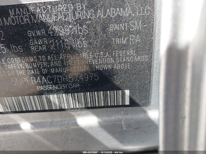 2013 Hyundai Sonata Gls VIN: 5NPEB4AC7DH574975 Lot: 43433687