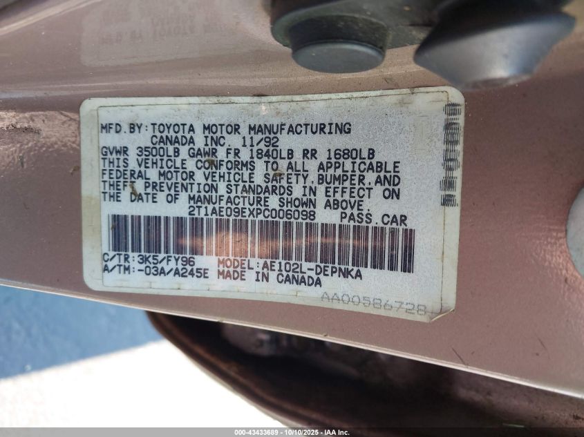 1993 Toyota Corolla Le/Dx VIN: 2T1AE09EXPC006098 Lot: 43433689