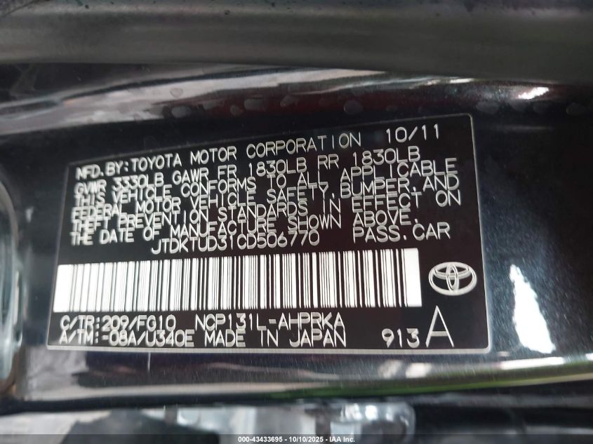 2012 Toyota Yaris Le VIN: JTDKTUD31CD506770 Lot: 43433695