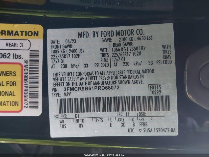 2023 Ford Bronco Sport Big Bend VIN: 3FMCR9B61PRD68072 Lot: 43433701