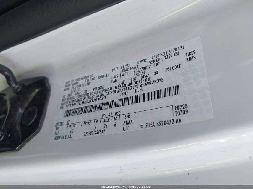 2020 Ford F-150 Xl VIN: 1FTMF1CB8LKD61939 Lot: 43433710