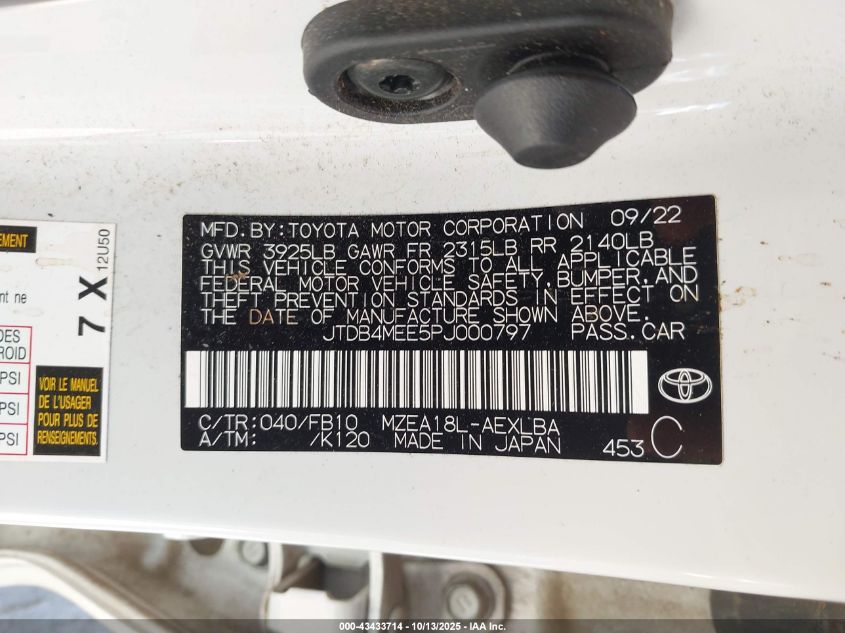 2023 Toyota Corolla Le VIN: JTDB4MEE5PJ000797 Lot: 43433714