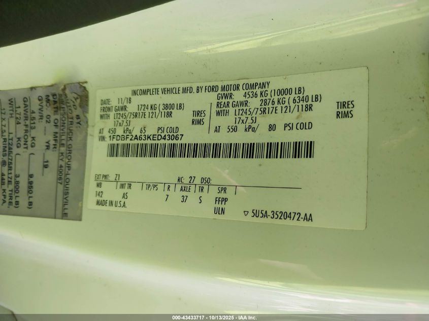 2019 Ford F-250 Xl VIN: 1FDBF2A63KED43067 Lot: 43433717