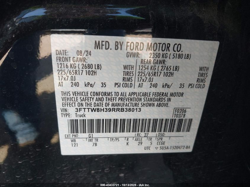 2024 Ford Maverick Xlt VIN: 3FTTW8H39RRB38013 Lot: 43433721