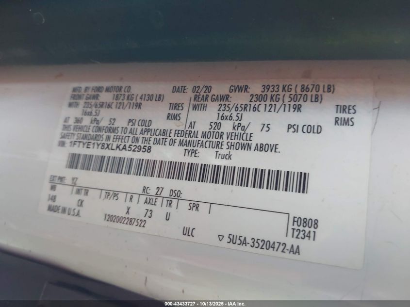 2020 Ford Transit-150 VIN: 1FTYE1Y8XLKA52958 Lot: 43433727