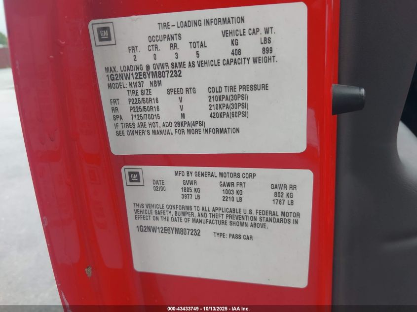 2000 Pontiac Grand Am Gt VIN: 1G2NW12E6YM807232 Lot: 43433749