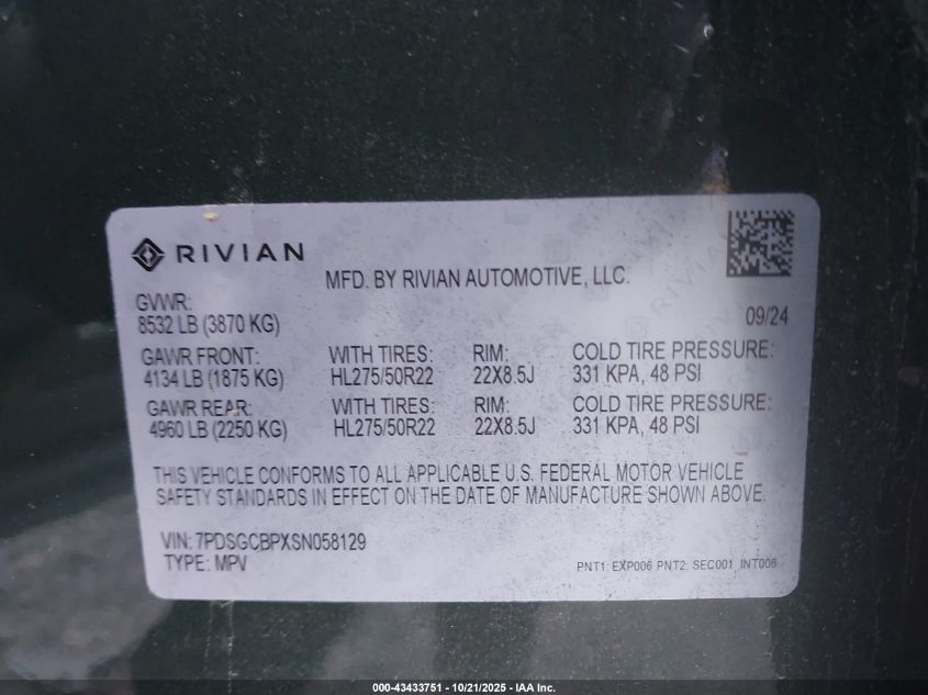 2025 Rivian R1S Ascend Tri Motor Max Pack/Premium Tri Motor Max Pack VIN: 7PDSGCBPXSN058129 Lot: 43433751