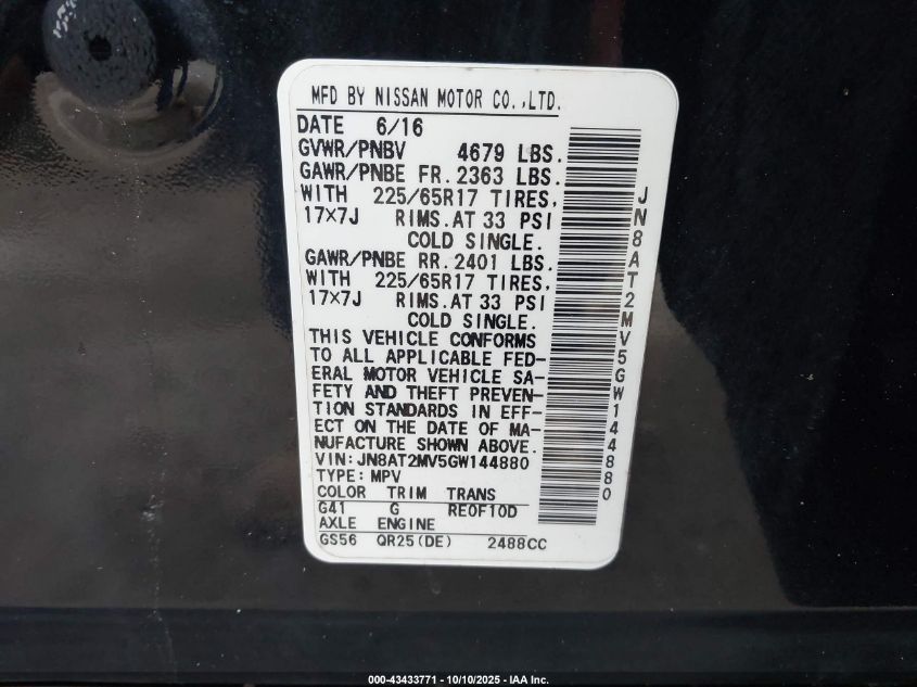 2016 Nissan Rogue S VIN: JN8AT2MV5GW144880 Lot: 43433771