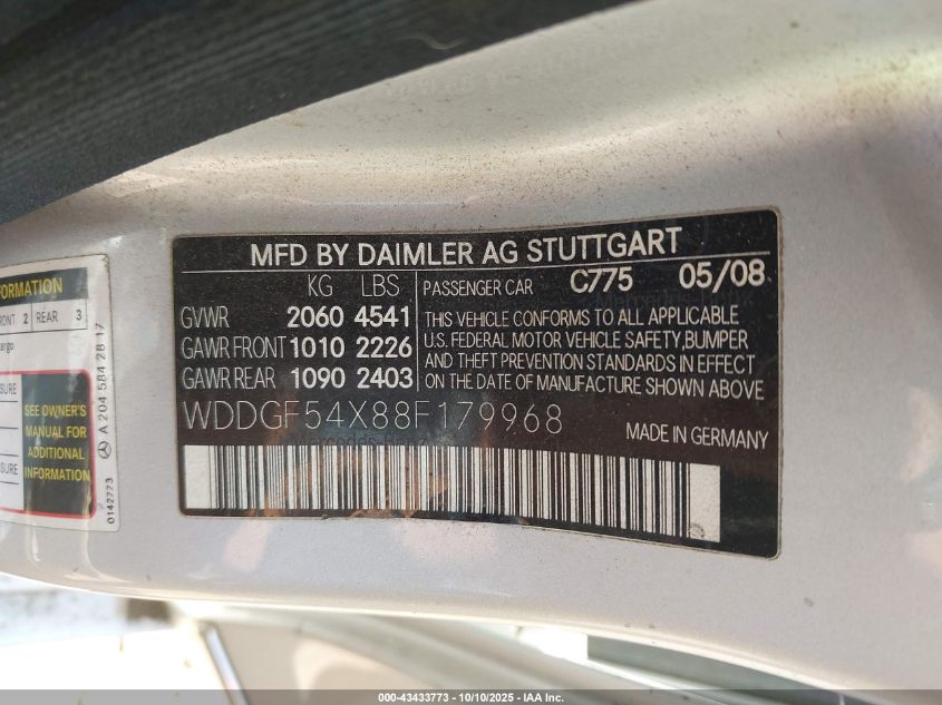 2008 Mercedes-Benz C 300 Luxury/Sport VIN: WDDGF54X88F179968 Lot: 43433773