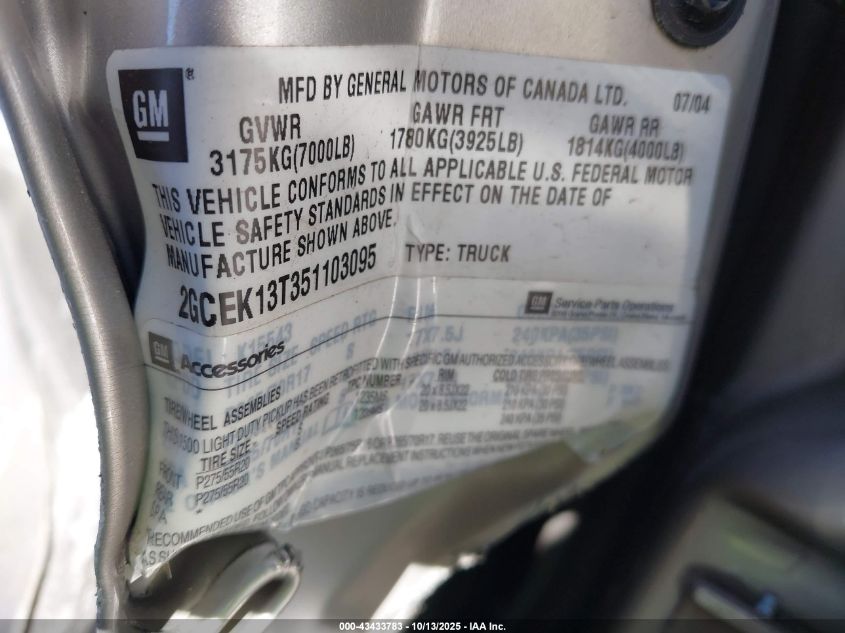 2005 Chevrolet Silverado 1500 Z71 VIN: 2GCEK13T351103095 Lot: 43433783