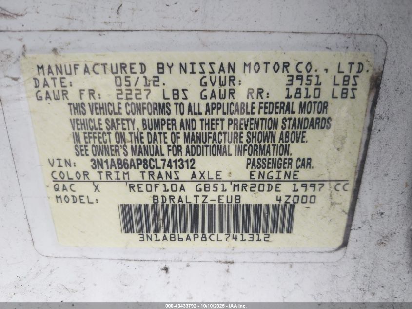 2012 Nissan Sentra 2.0 Sr VIN: 3N1AB6AP8CL741312 Lot: 43433792