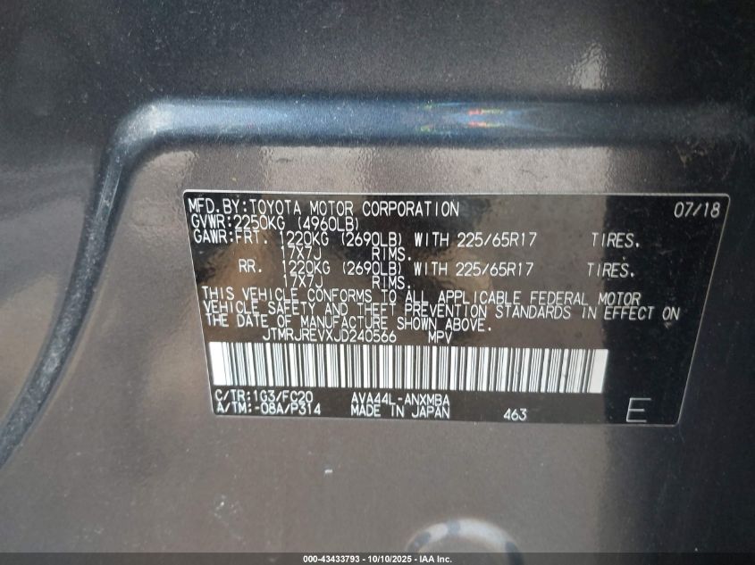 2018 Toyota Rav4 Hybrid Le VIN: JTMRJREVXJD240566 Lot: 43433793