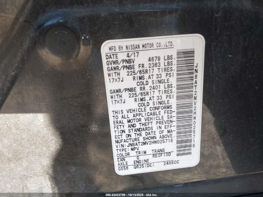 2017 Nissan Rogue Sv VIN: JN8AT2MV2HW025718 Lot: 43433798