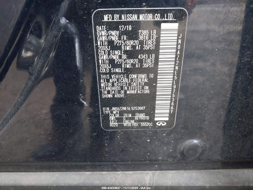 2020 Infiniti Qx80 Luxe Awd VIN: JN8AZ2NE5L9253667 Lot: 43433827