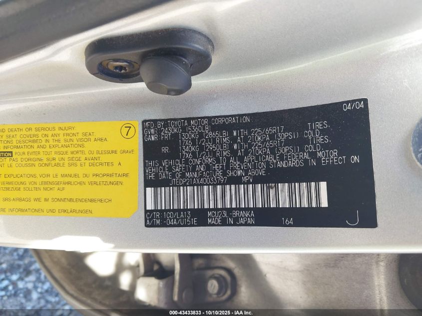 2004 Toyota Highlander Limited V6 VIN: JTEDP21AX40033797 Lot: 43433833