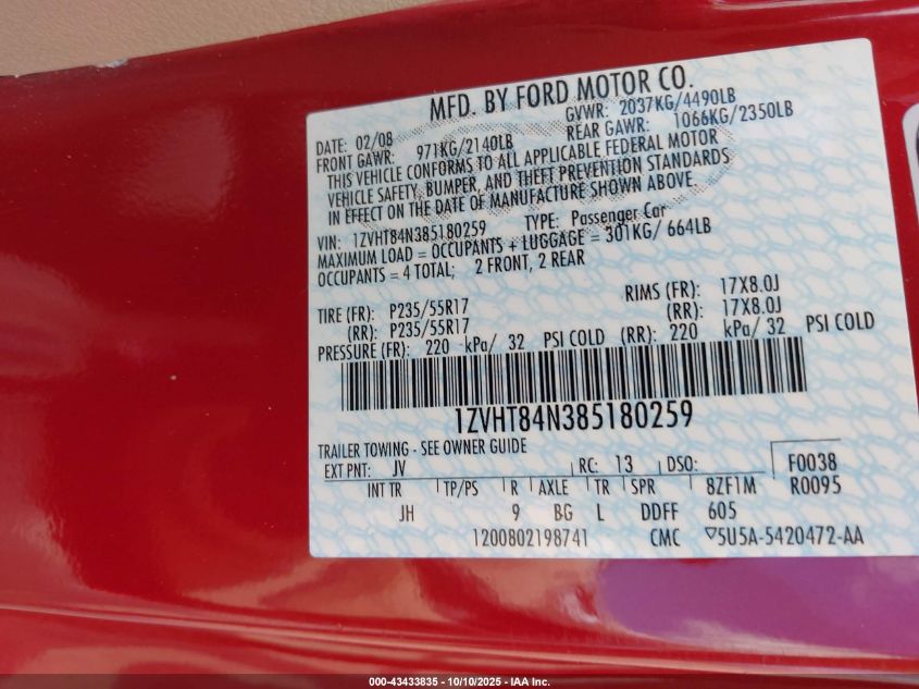 2008 Ford Mustang V6 Deluxe/V6 Premium VIN: 1ZVHT84N385180259 Lot: 43433835