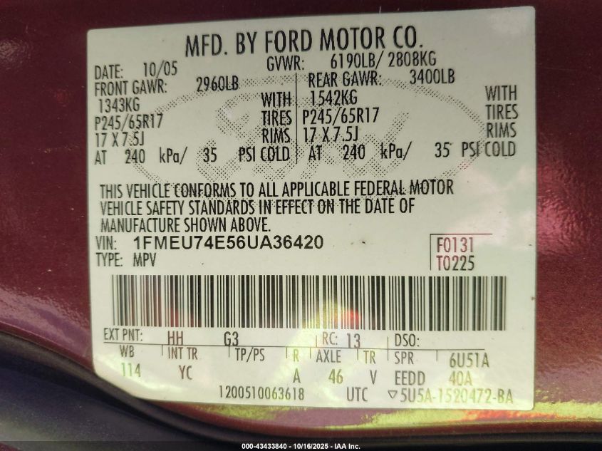 2006 Ford Explorer Eddie Bauer VIN: 1FMEU74E56UA36420 Lot: 43433840