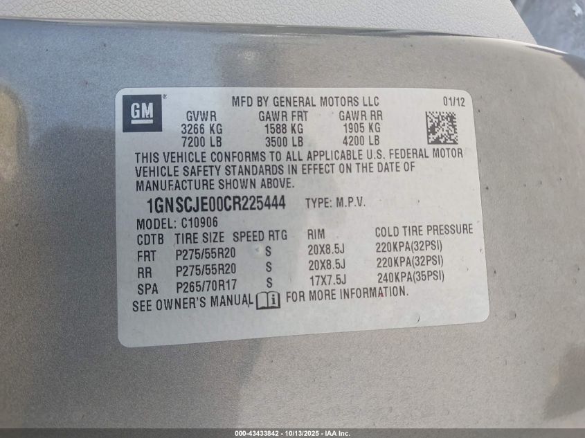 2012 Chevrolet Suburban 1500 Lt VIN: 1GNSCJE00CR225444 Lot: 43433842