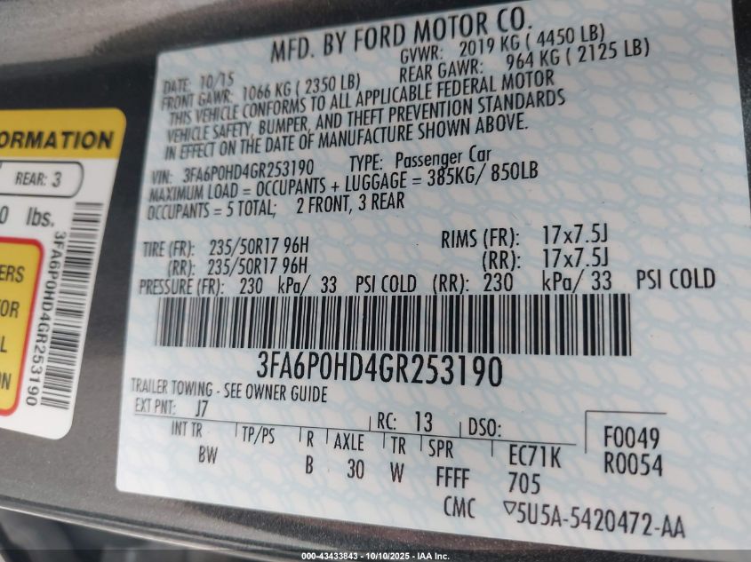 2016 Ford Fusion Se VIN: 3FA6P0HD4GR253190 Lot: 43433843