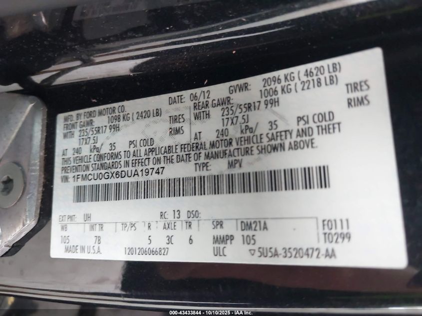 2013 Ford Escape Se VIN: 1FMCU0GX6DUA19747 Lot: 43433844