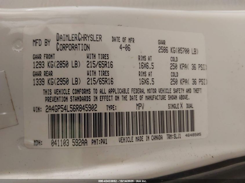 2006 Chrysler Town & Country VIN: 2A4ZT54L56R845902 Lot: 43433852