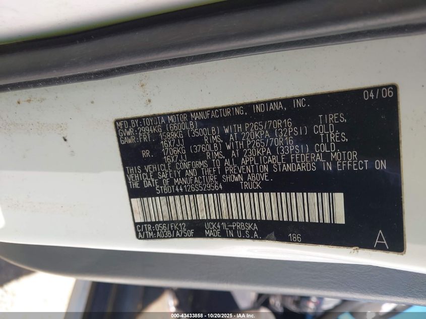 2006 Toyota Tundra Sr5 V8 VIN: 5TBDT44126S529564 Lot: 43433858