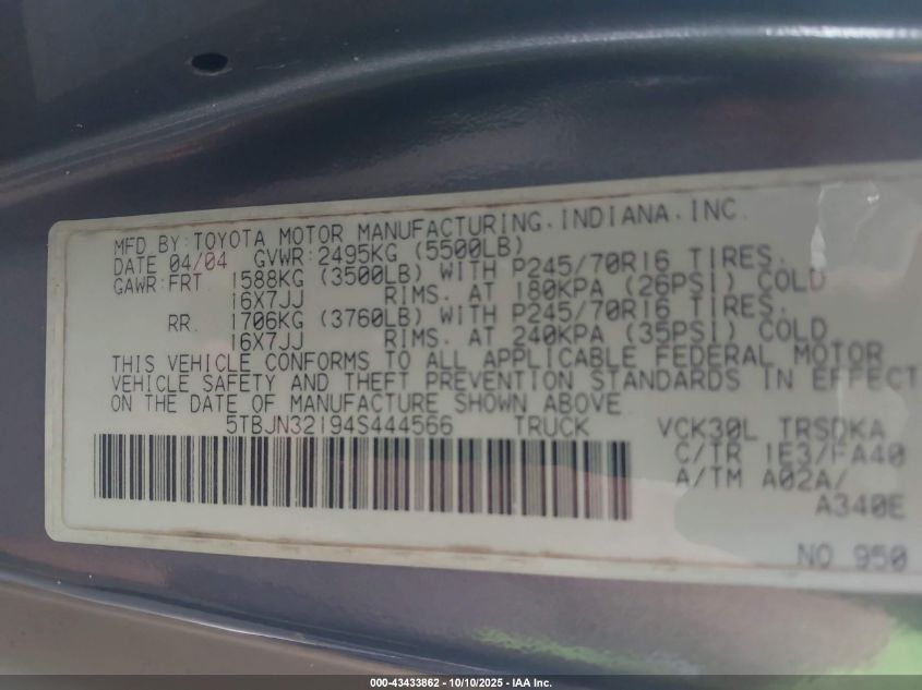 2004 Toyota Tundra VIN: 5TBJN32194S444566 Lot: 43433862
