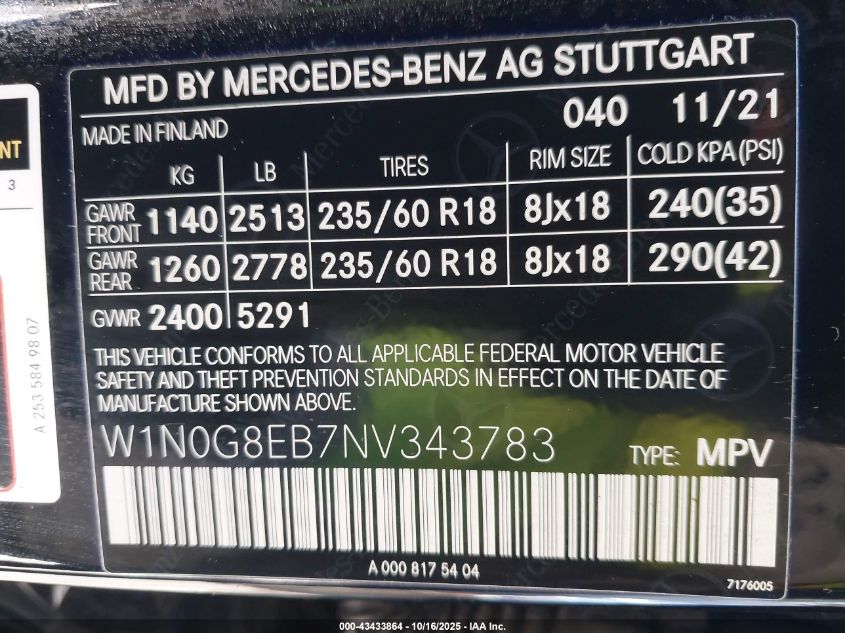 2022 Mercedes-Benz Glc 300 4Matic Suv VIN: W1N0G8EB7NV343783 Lot: 43433864