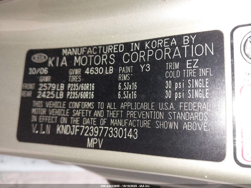 2007 Kia Sportage Lx V6 VIN: KNDJF723977330143 Lot: 43433865