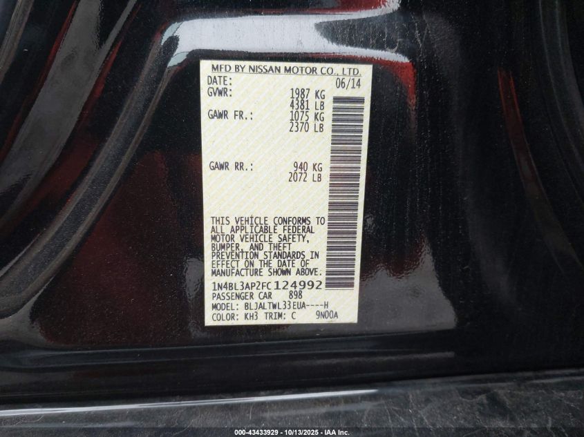 2015 Nissan Altima 3.5 Sl VIN: 1N4BL3AP2FC124992 Lot: 43433929