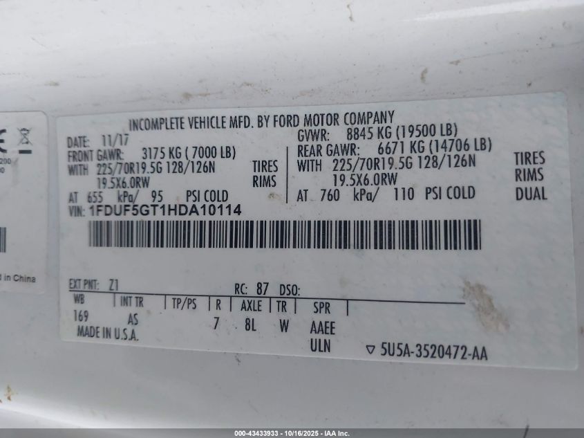 2017 Ford F-550 Chassis Xl VIN: 1FDUF5GT1HDA10114 Lot: 43433933