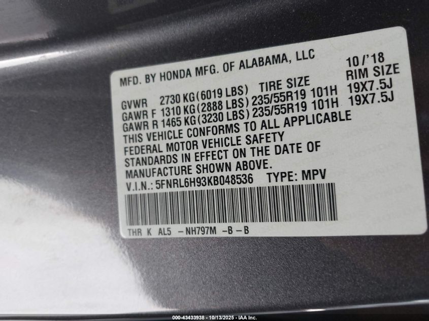 2019 Honda Odyssey Elite VIN: 5FNRL6H93KB048536 Lot: 43433938