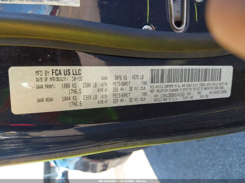 2017 Jeep Compass Sport 4X4 VIN: 1C4NJDBB8HD143162 Lot: 43433941