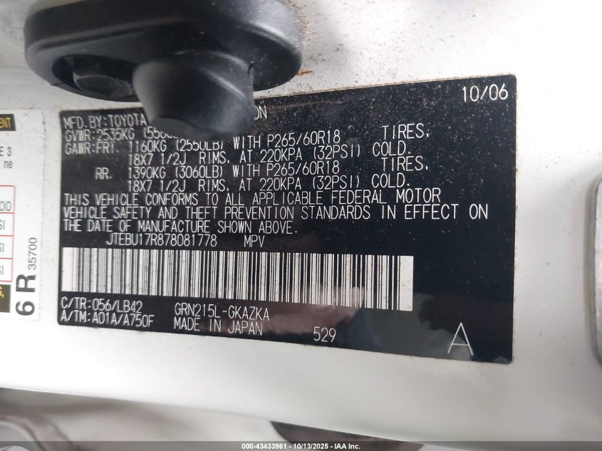 2007 Toyota 4Runner Limited V6 VIN: JTEBU17R878081778 Lot: 43433961